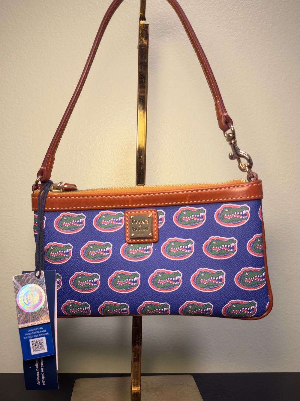 NWT Dooney & Bourke Florida Gators Print Wristlet - Blue with Brown Trim